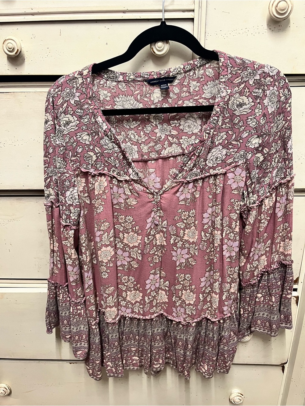 American Eagle Outfitters Rose-Pink Floral Tiered Peasant Top